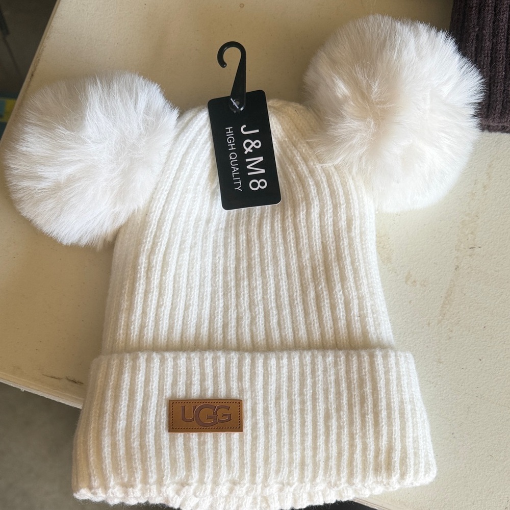 UGG Kids Cream Double Pom Rib-Knit Beanie